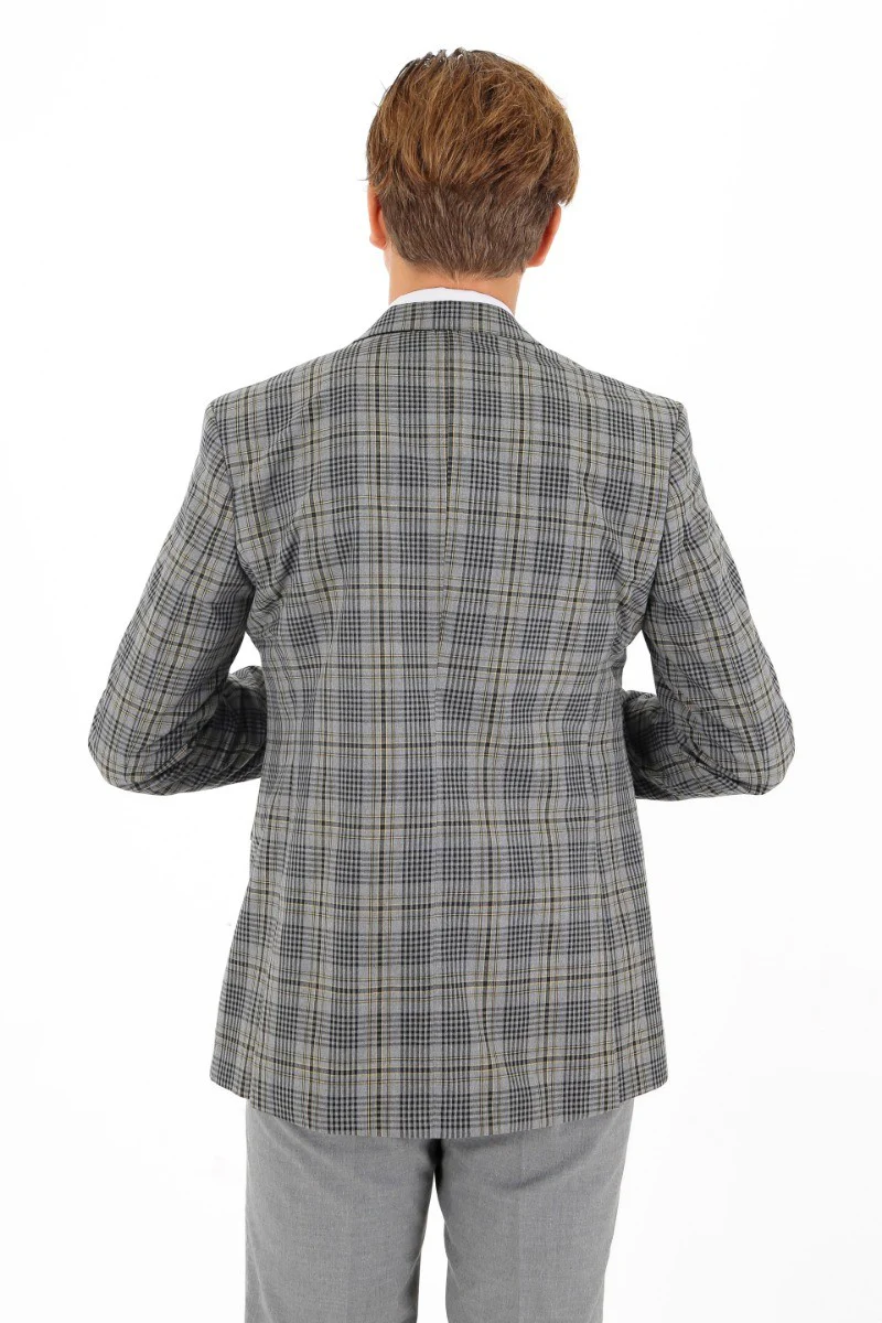 Boys Plaid Check Slim Fit Suit - Grey - Image 5