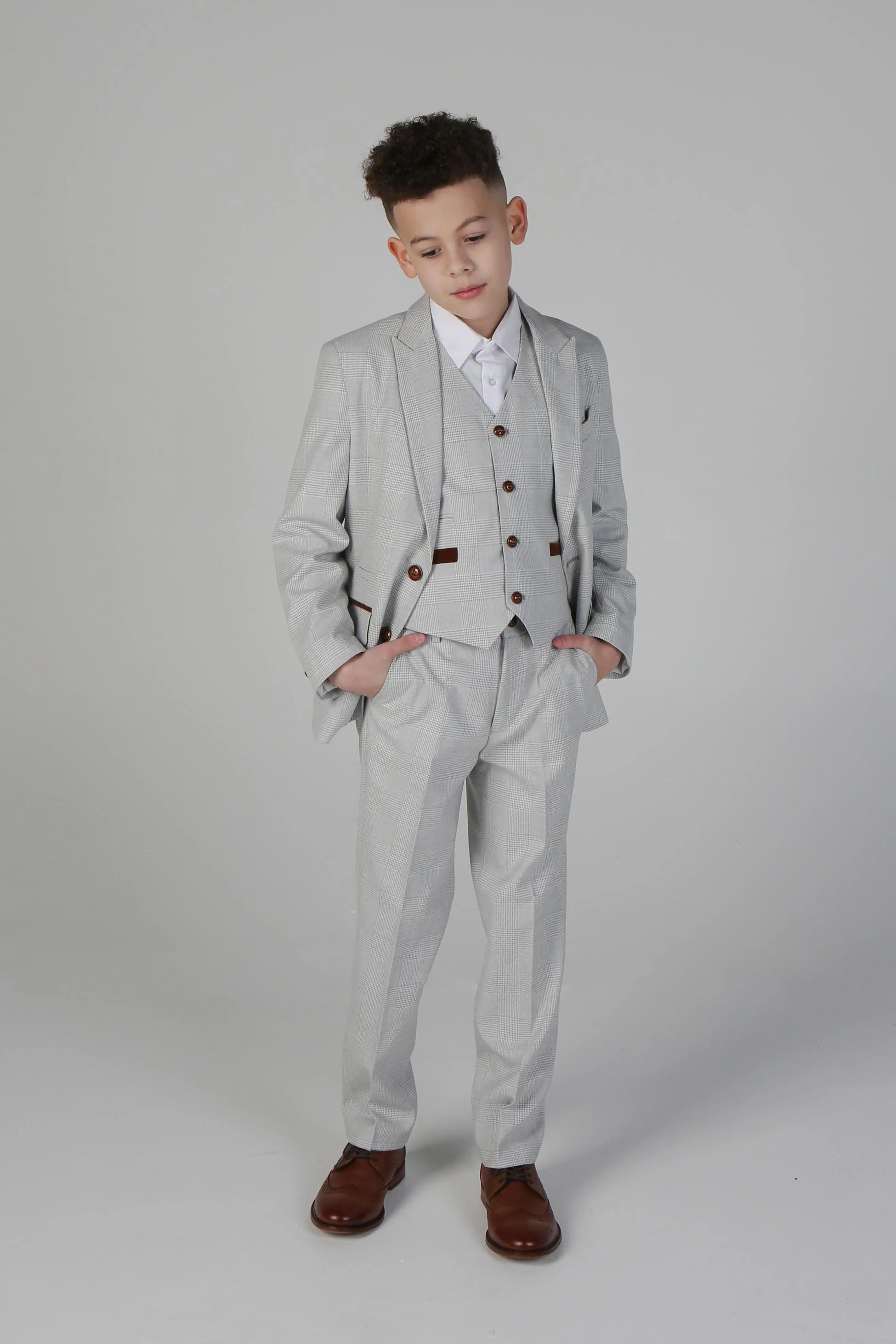 Boys Tailored Fit Tweed Check Suit - MARK - Stone Beige - Image 2