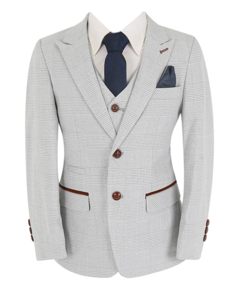 Boys Tailored Fit Tweed Check Suit - MARK - Stone Beige - Image 3