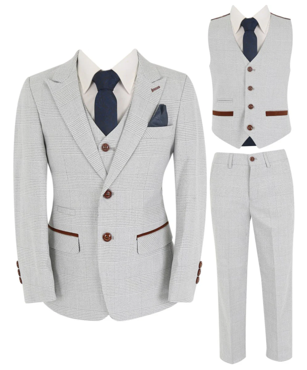 Boys Tailored Fit Tweed Check Suit - MARK - Stone Beige - Image 5
