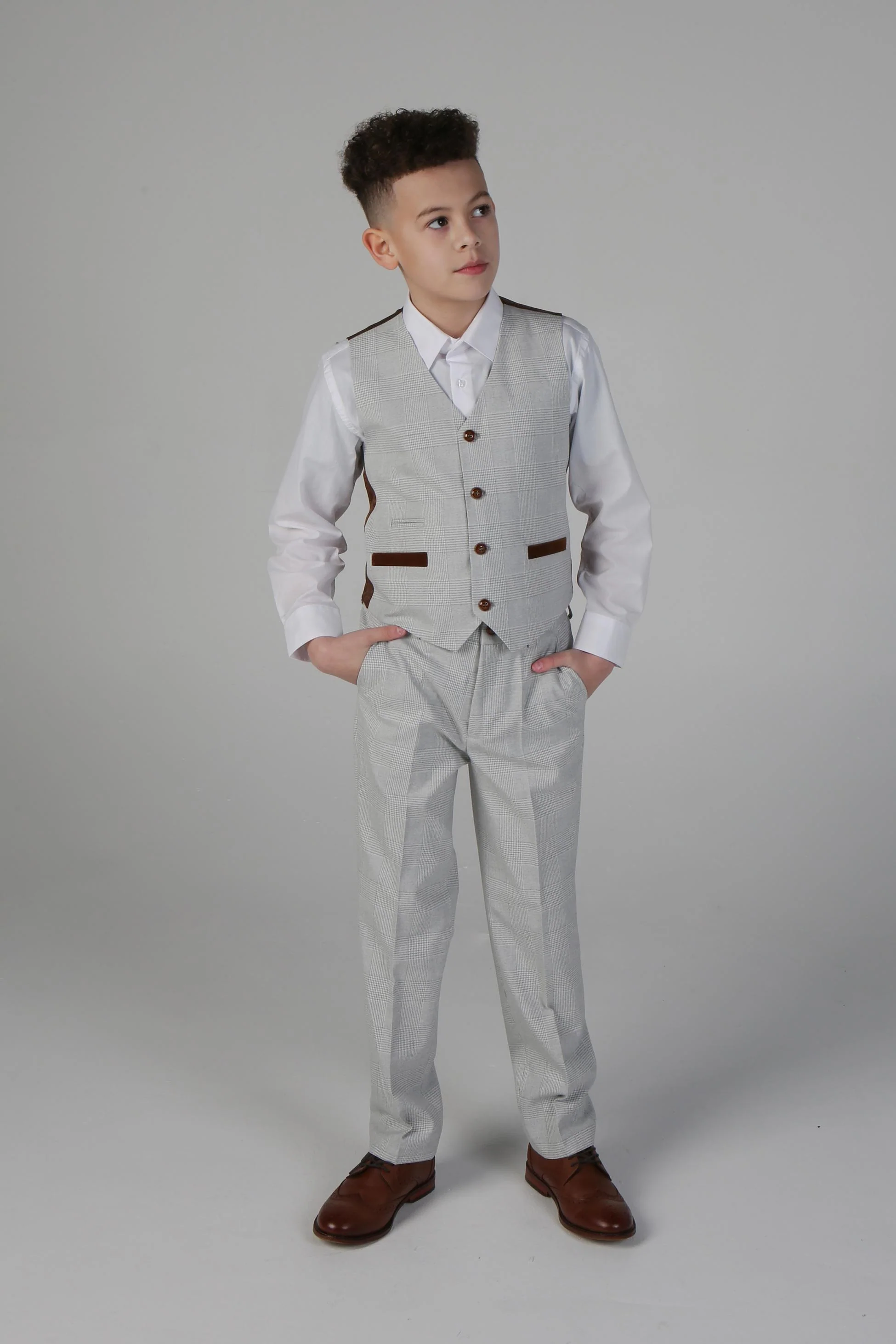 Boys Tailored Fit Tweed Check Suit - MARK - Stone Beige - Image 6