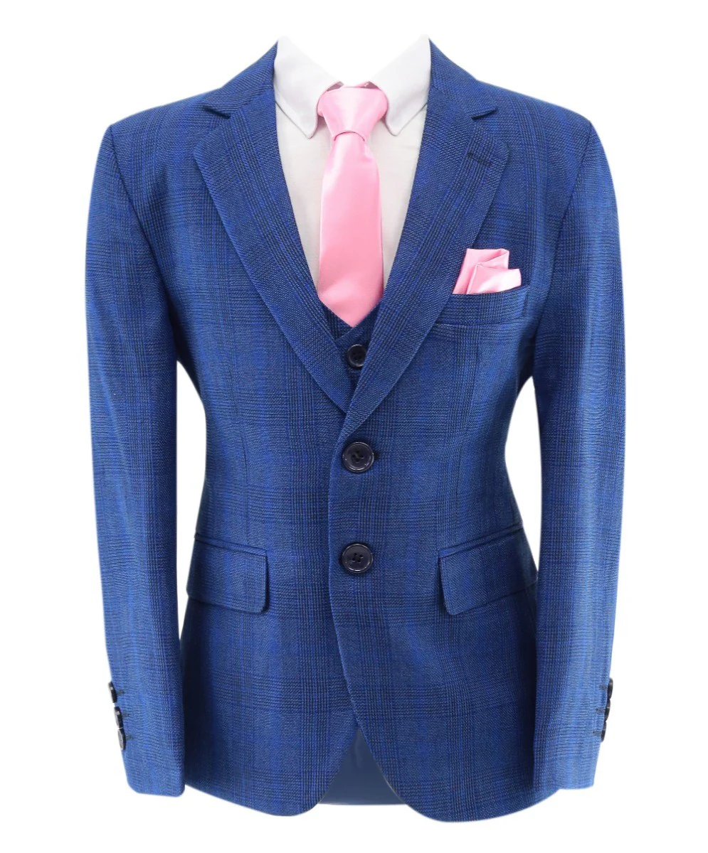 Boys Plaid Check Tailored Fit Blue Suit - LIONEL - Mid Blue - Image 2