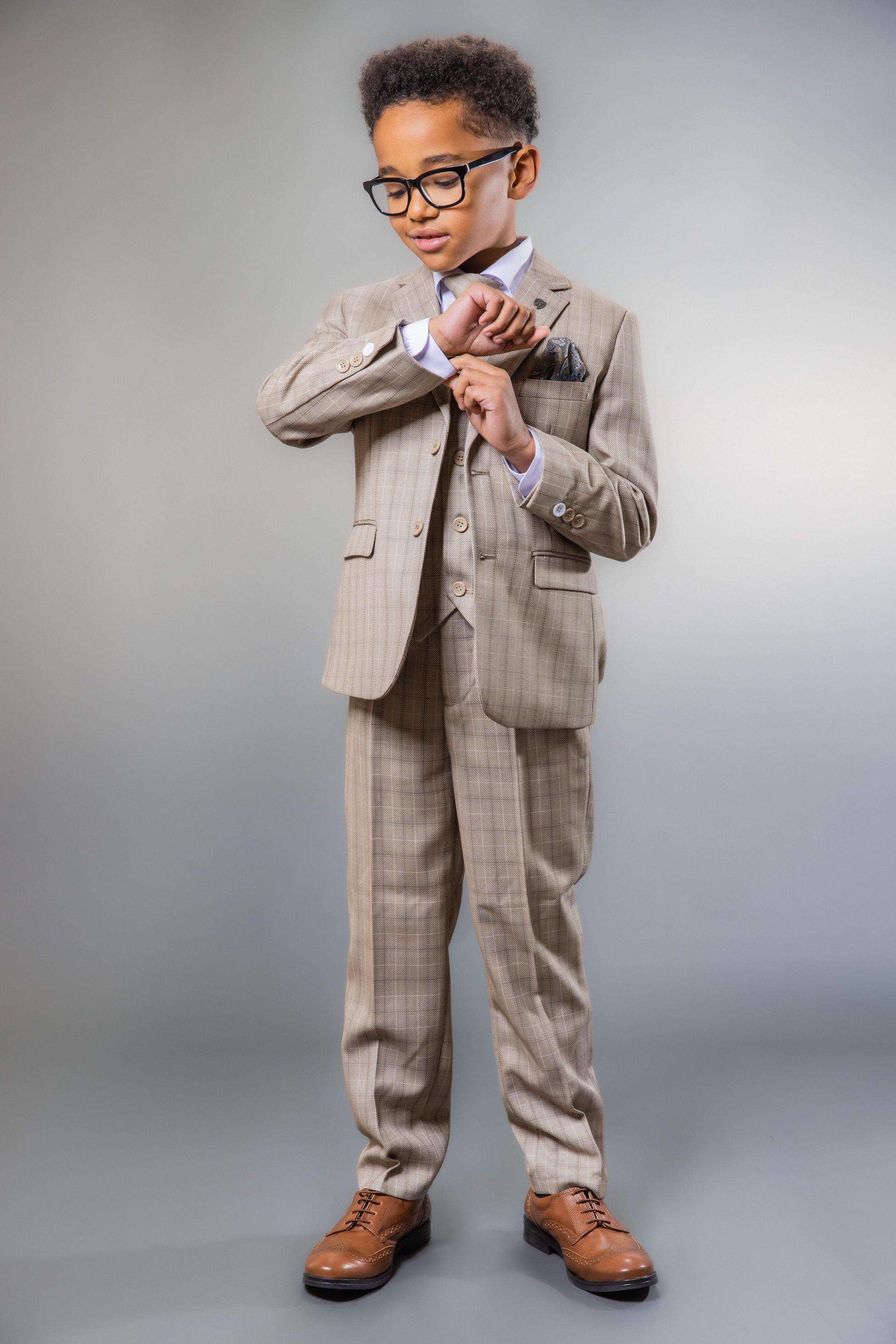 Boys Tweed Check Tailored Fit Suit - Beige and Brown - Image 2