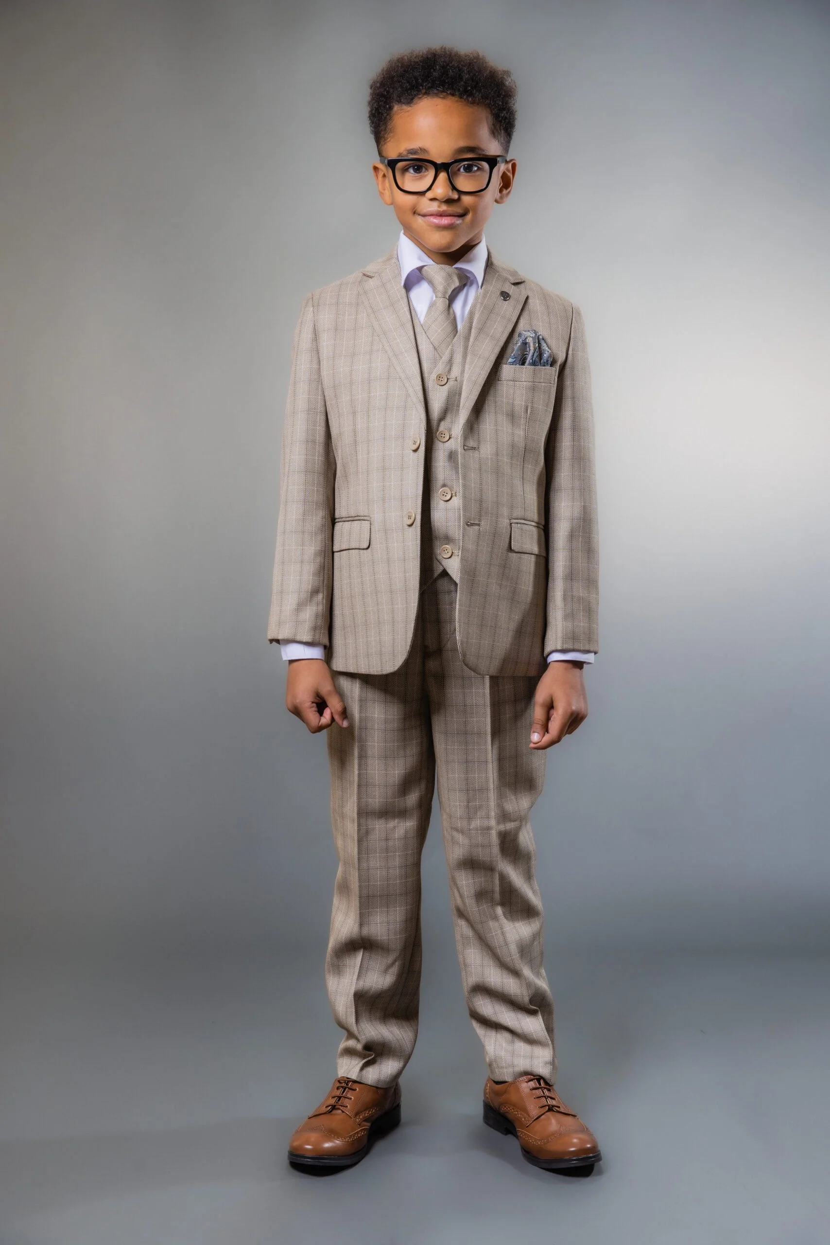 Boys Tweed Check Tailored Fit Suit - Beige and Brown - Image 3