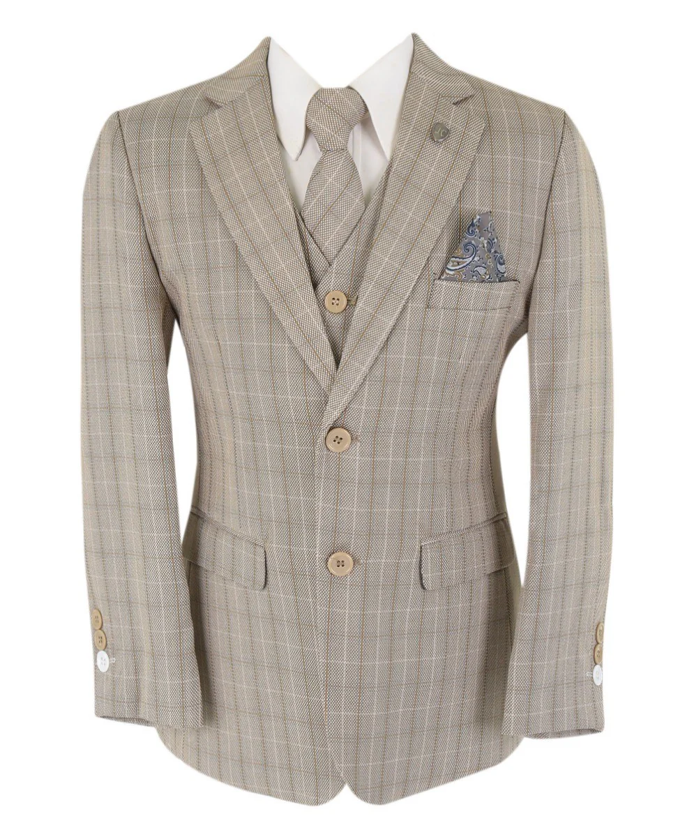 Boys Tweed Check Tailored Fit Suit - Beige and Brown - Image 4