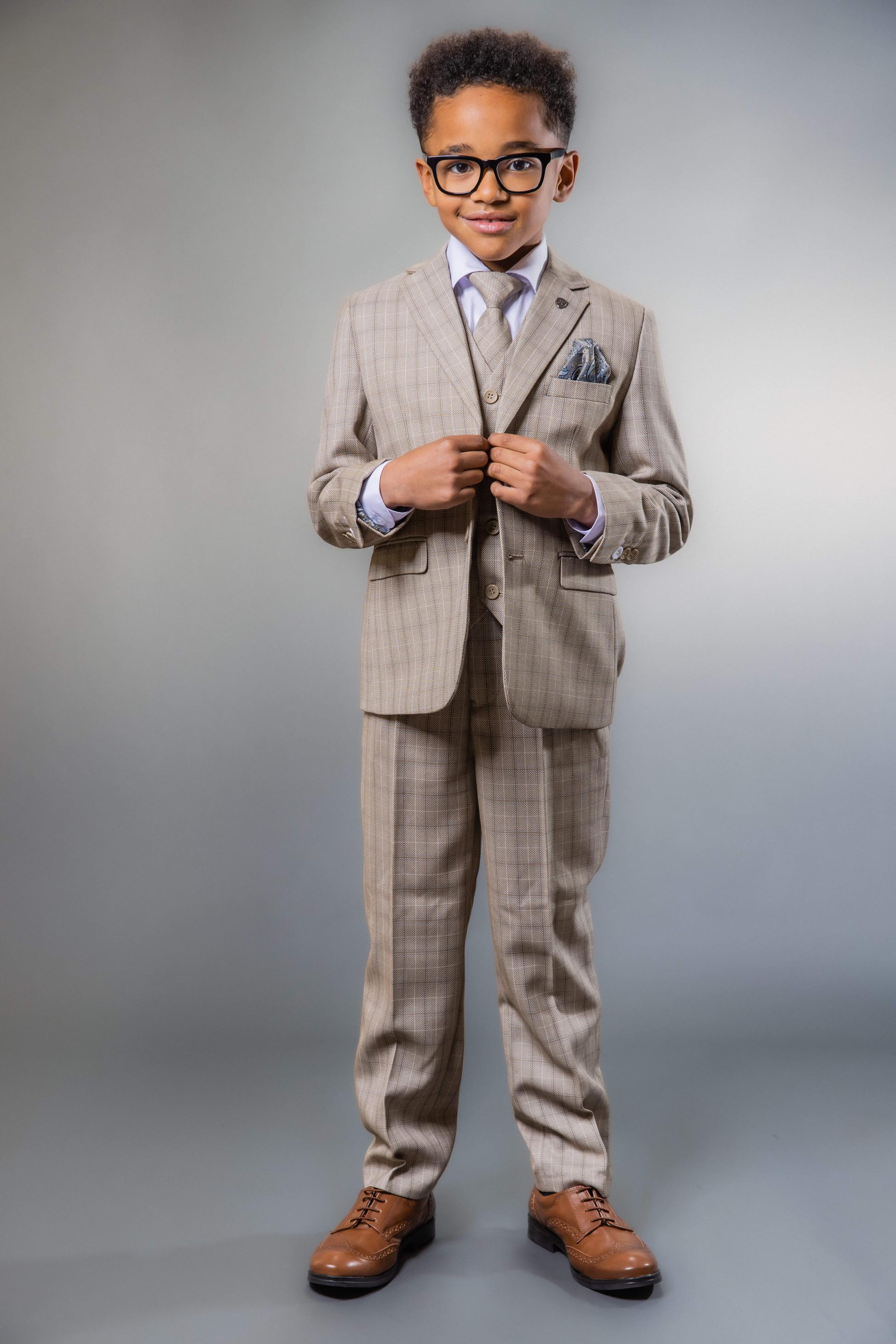 Boys Tweed Check Tailored Fit Suit - Beige and Brown - Image 5
