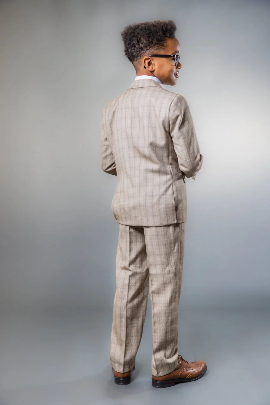 Boys Tweed Check Tailored Fit Suit - Beige and Brown - Image 6