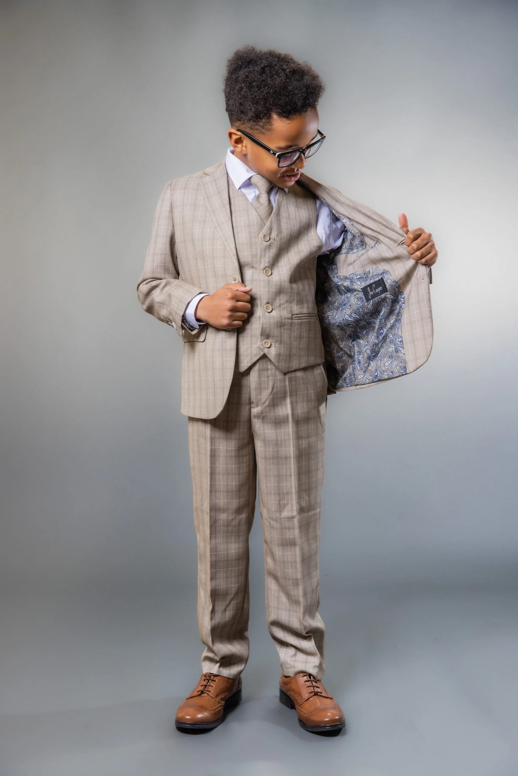 Boys Tweed Check Tailored Fit Suit - Beige and Brown - Image 7