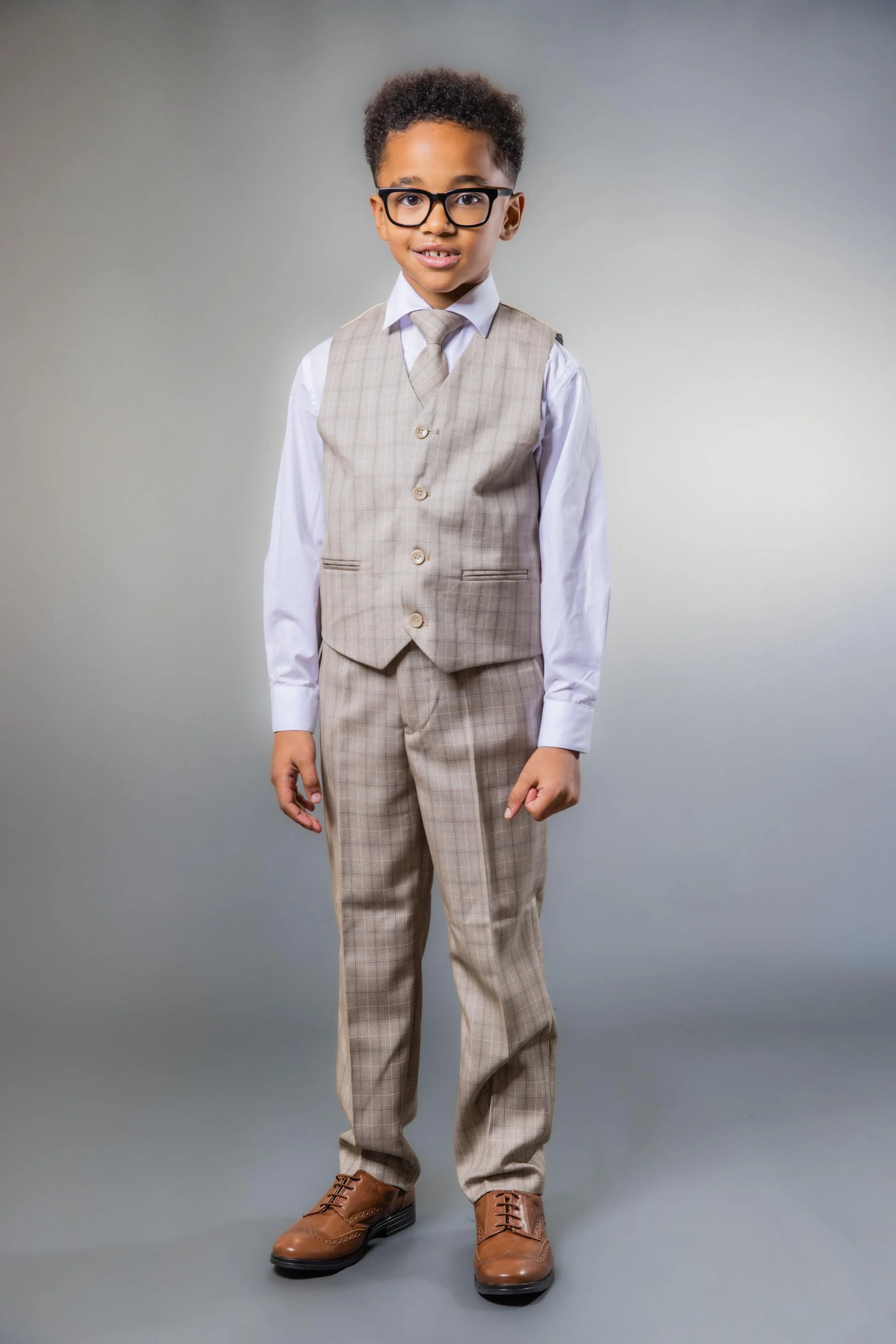 Boys Tweed Check Tailored Fit Suit - Beige and Brown - Image 8