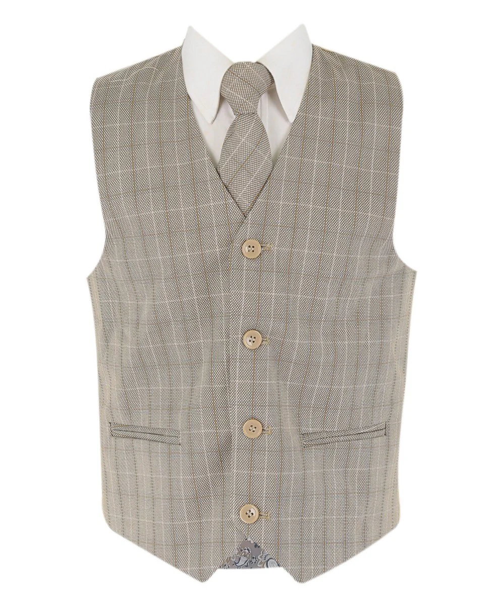 Boys Tweed Check Tailored Fit Suit - Beige and Brown - Image 9