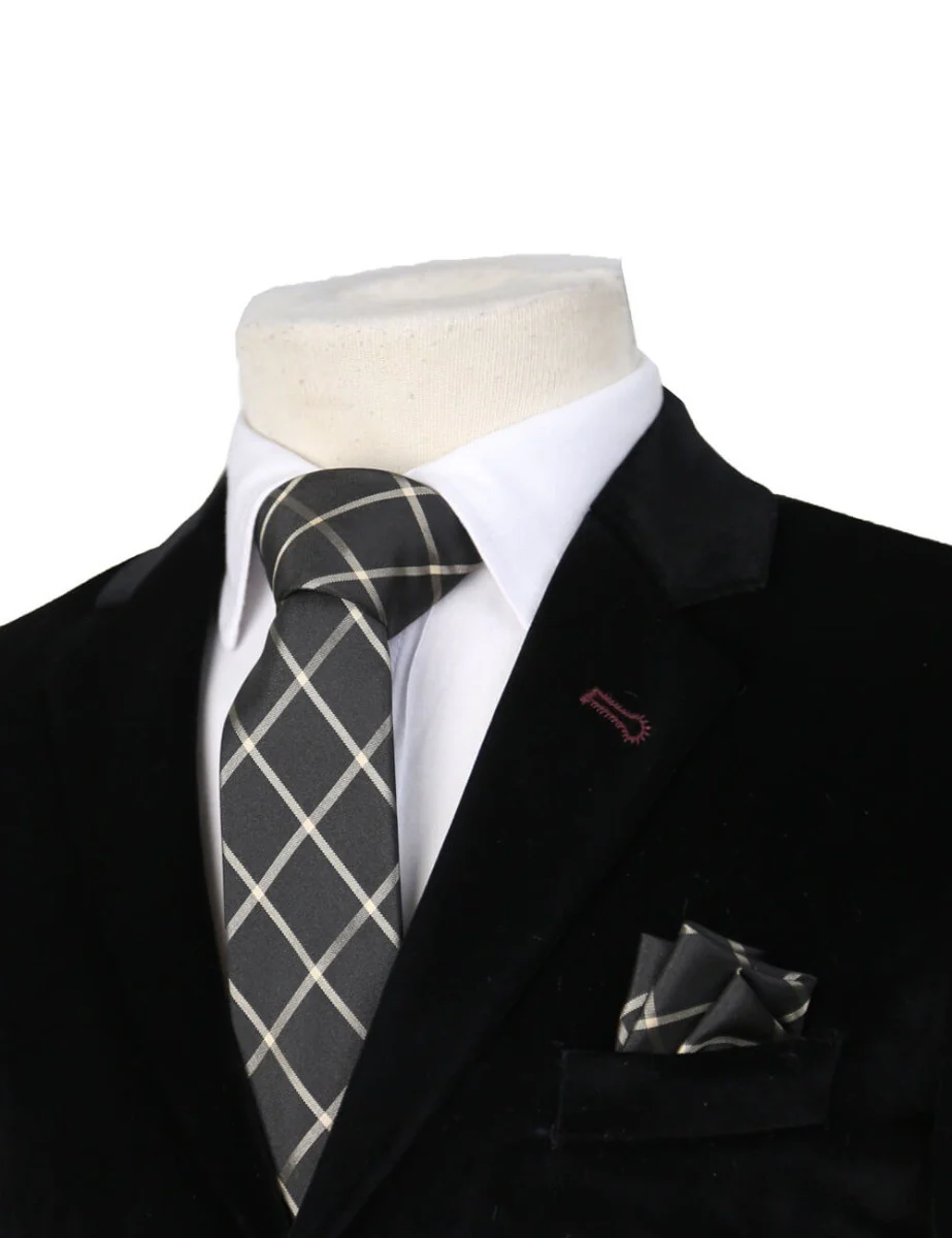 Boys Plaid Checkered Tie Black and Gold - Image 2