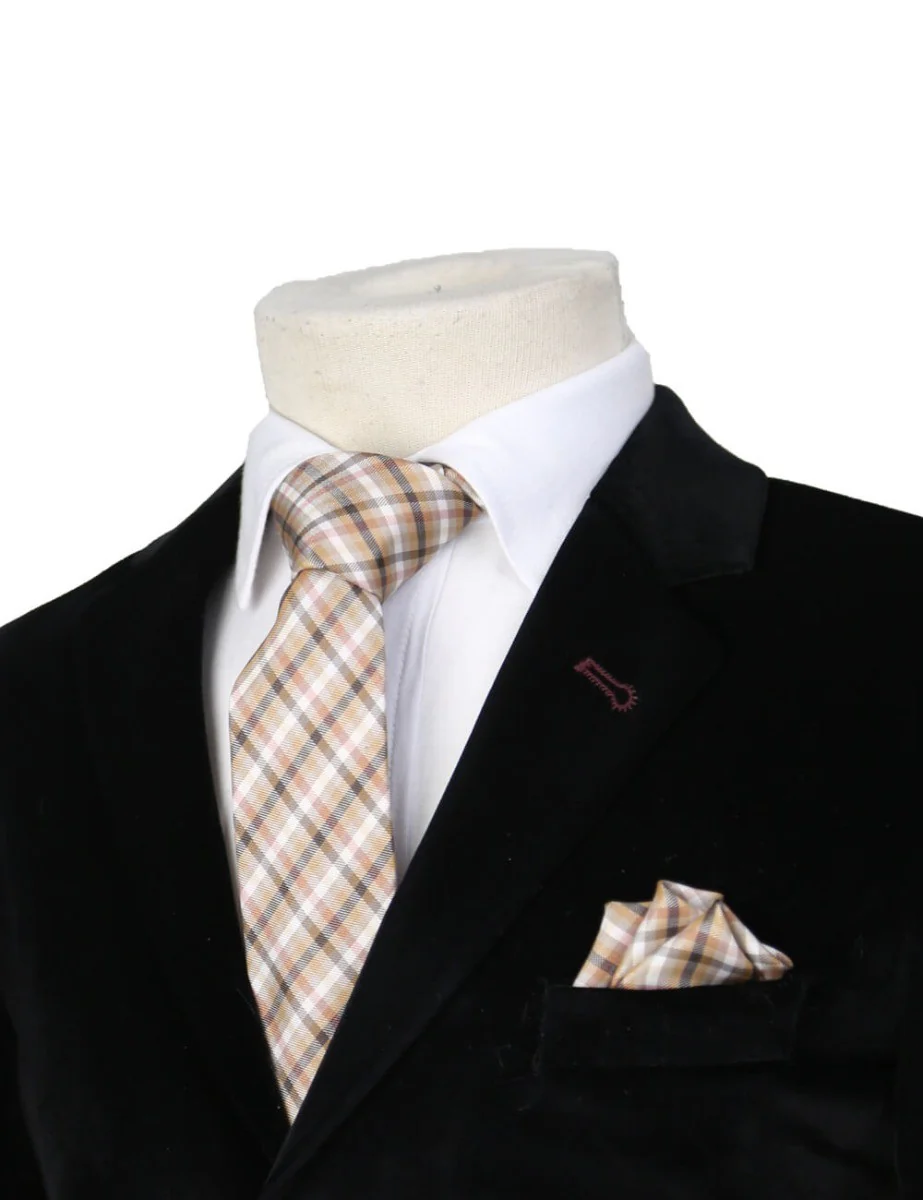 Boys Plaid Checkered Tie Brown and White - Image 2