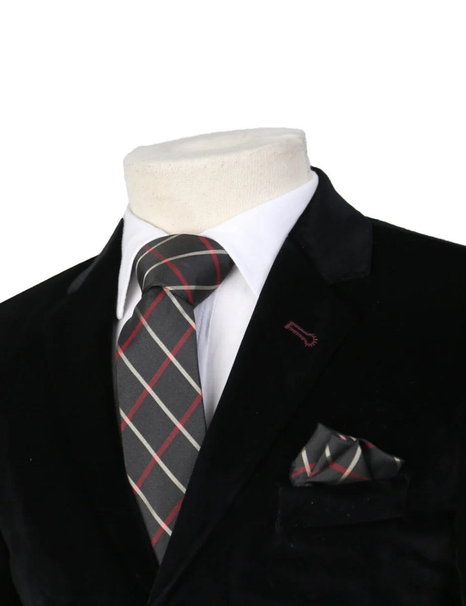 Boys Plaid Checkered Tie & Hankie Set Black- Red
