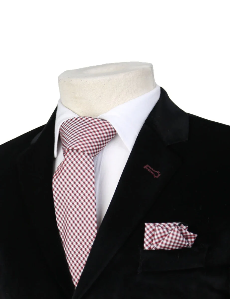 Boys Plaid Checkered Tie & Hankie Set Burgundy and Grey