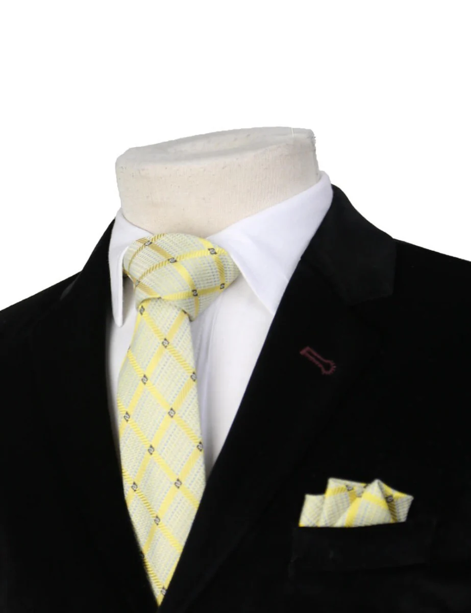 Boys Plaid Checkered Tie & Hankie Set Cream and Gold