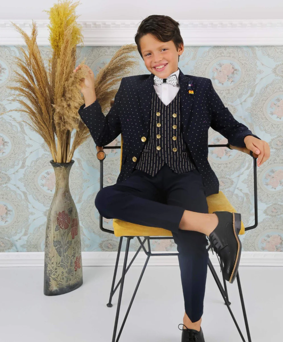 Boys Polka Dot Slim Fit Suit - ARISTOTLE - Navy Blue - Image 5