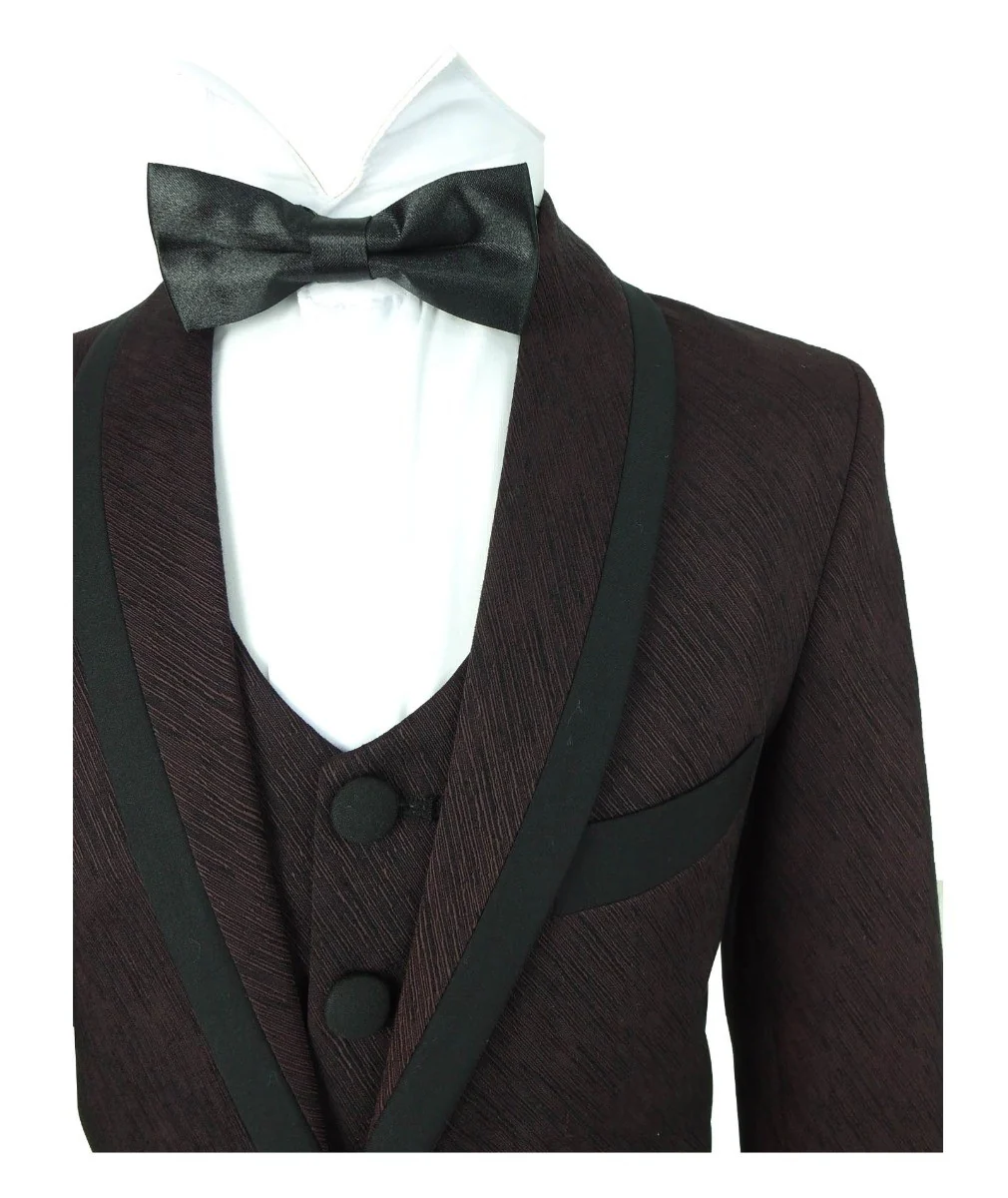 Boys Piping Textured Suit - MATTEO - Burgundy - Image 2