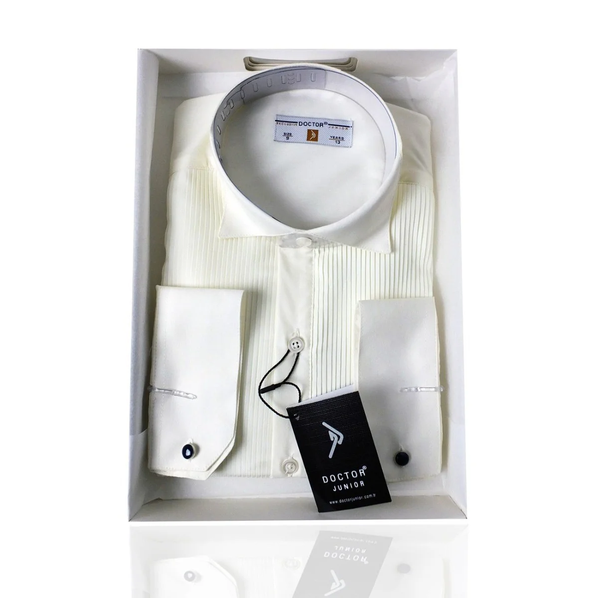 Boys Cotton Wing Collar Pleated Cufflink Shirt - Cream - Image 3