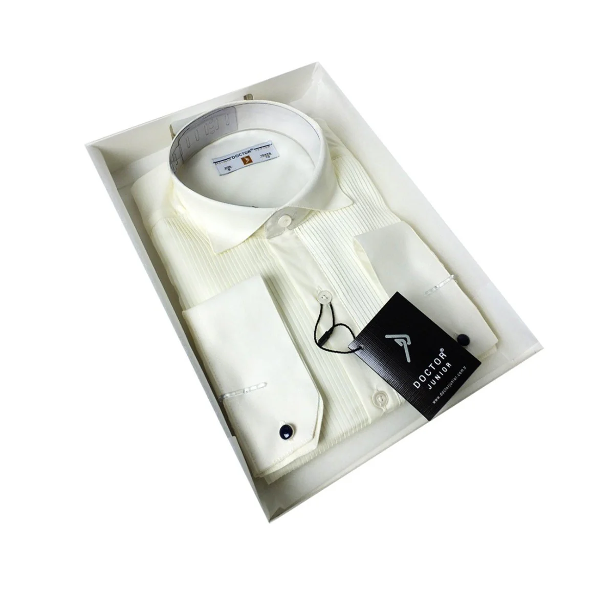 Boys Cotton Wing Collar Pleated Cufflink Shirt - Cream - Image 4