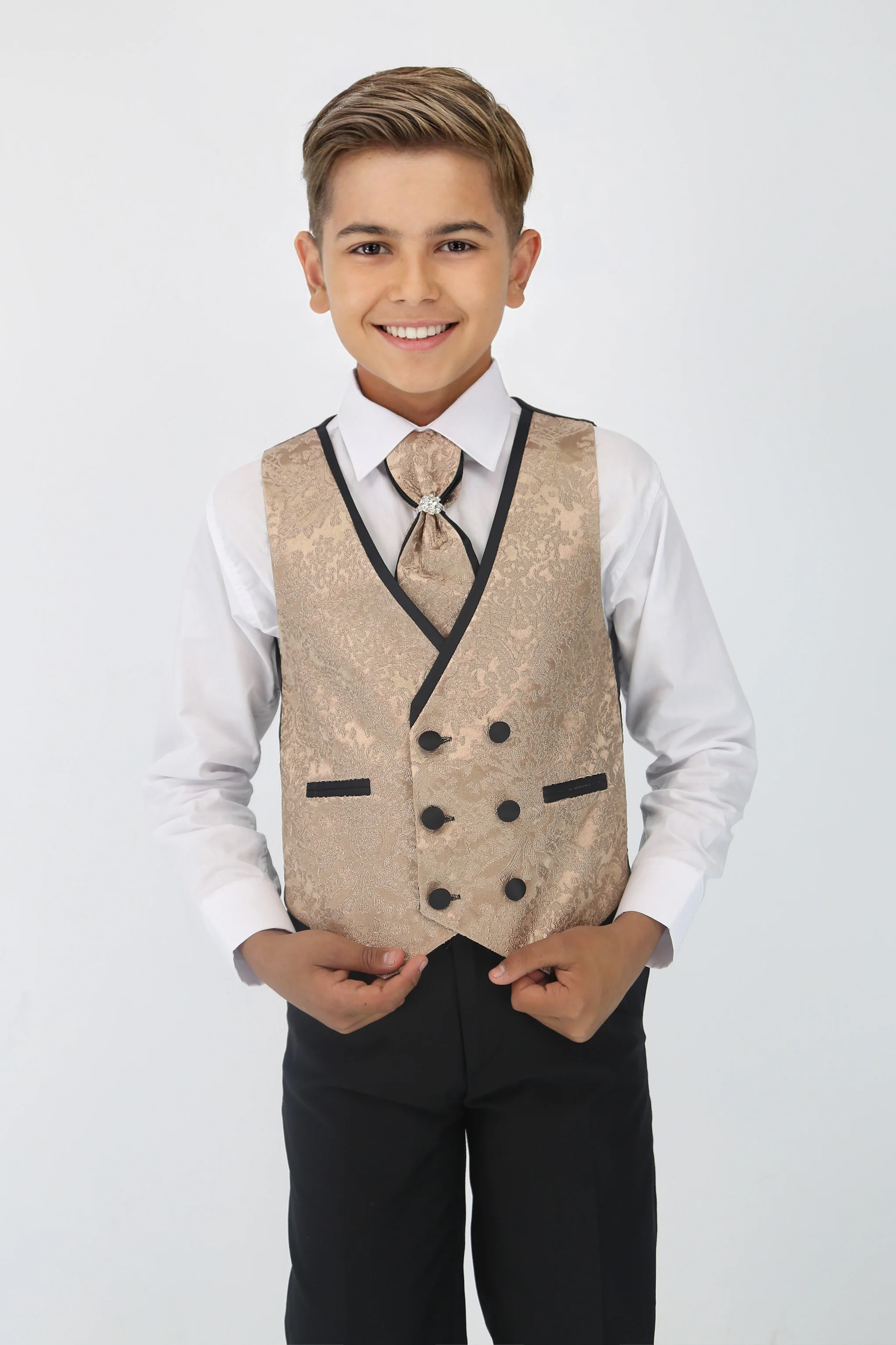 Boys 5-Piece Floral Jacquard Tuxedo Suit with Double Breasted Waistcoat - Gold - Image 7