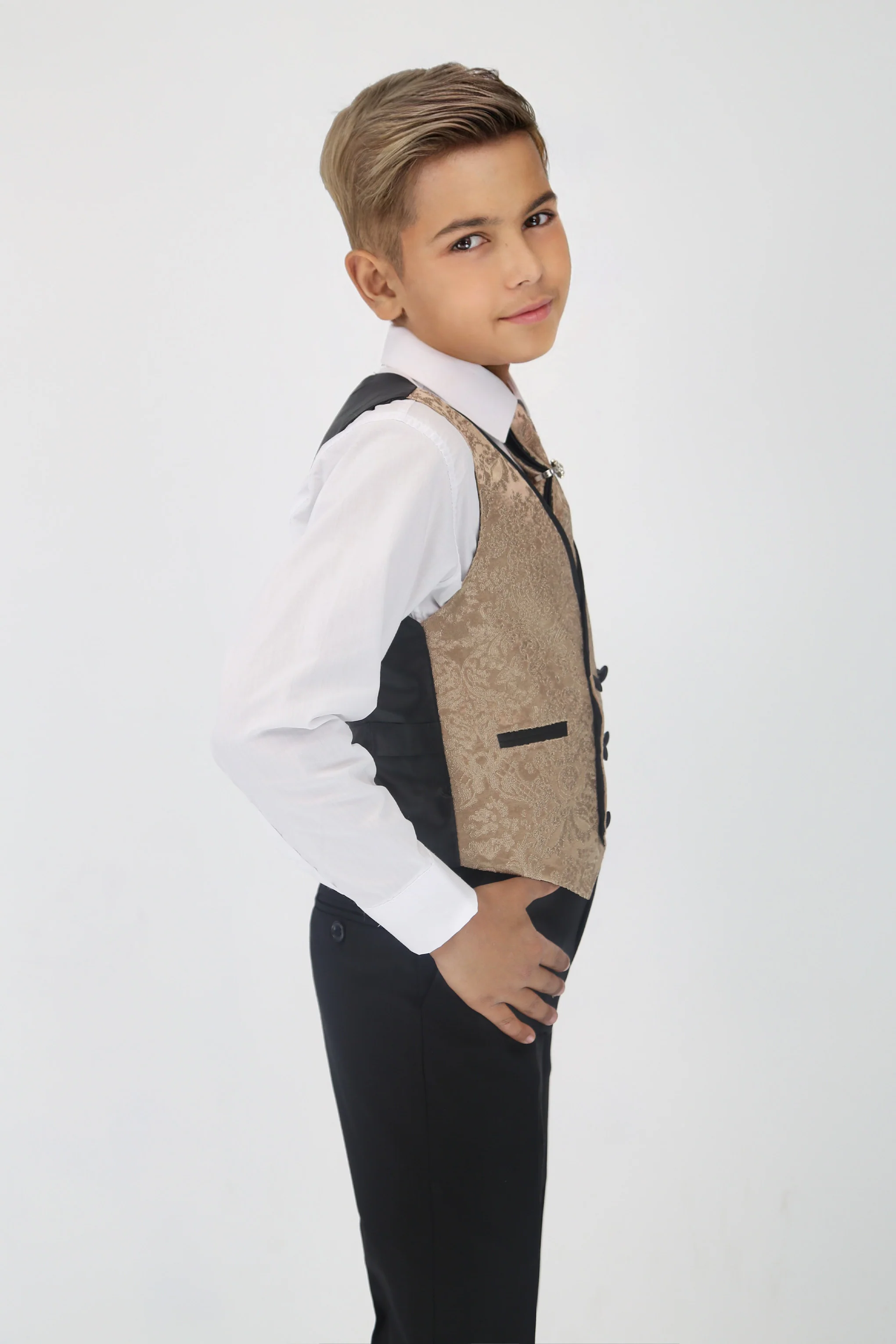 Boys 5-Piece Floral Jacquard Tuxedo Suit with Double Breasted Waistcoat - Gold - Image 8