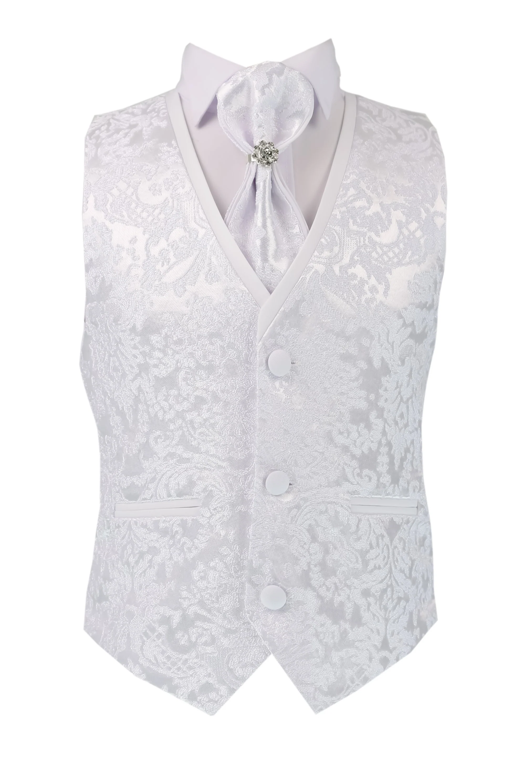 Boys Satin Lapel White Paisley Floral Tuxedo Suit Set - White - Image 6