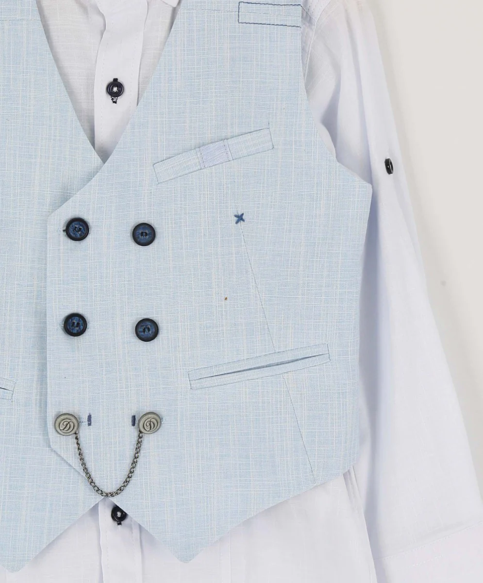 Boys Self Patterned Double-Breasted Linen Waistcoat Suit Set - Light Blue - Image 4