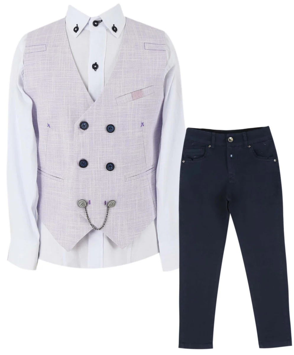 Boys Self Patterned Double-Breasted Linen Waistcoat Suit Set - Lilac - Image 3