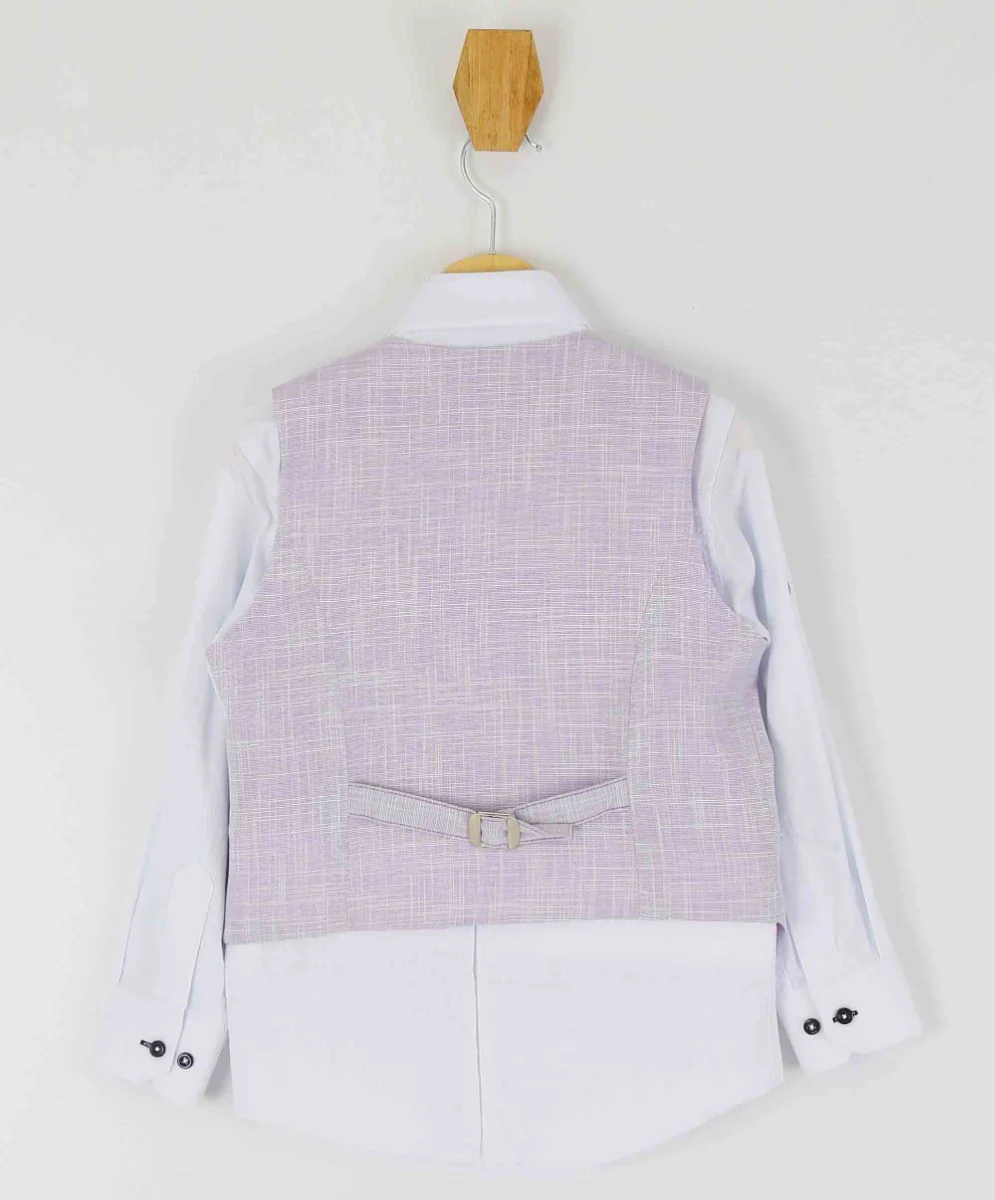 Boys Self Patterned Double-Breasted Linen Waistcoat Suit Set - Lilac - Image 5