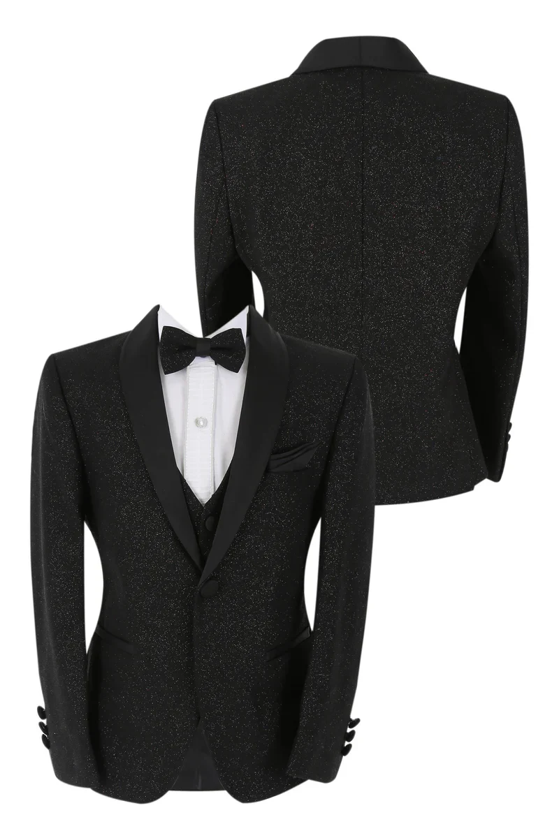 Boys Shimmer Tuxedo Dinner 6 Piece Suit Set - Black - Image 4