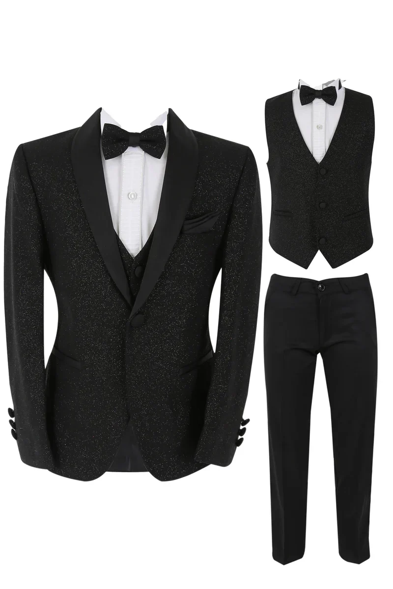 Boys Shimmer Tuxedo Dinner 6 Piece Suit Set - Black - Image 5