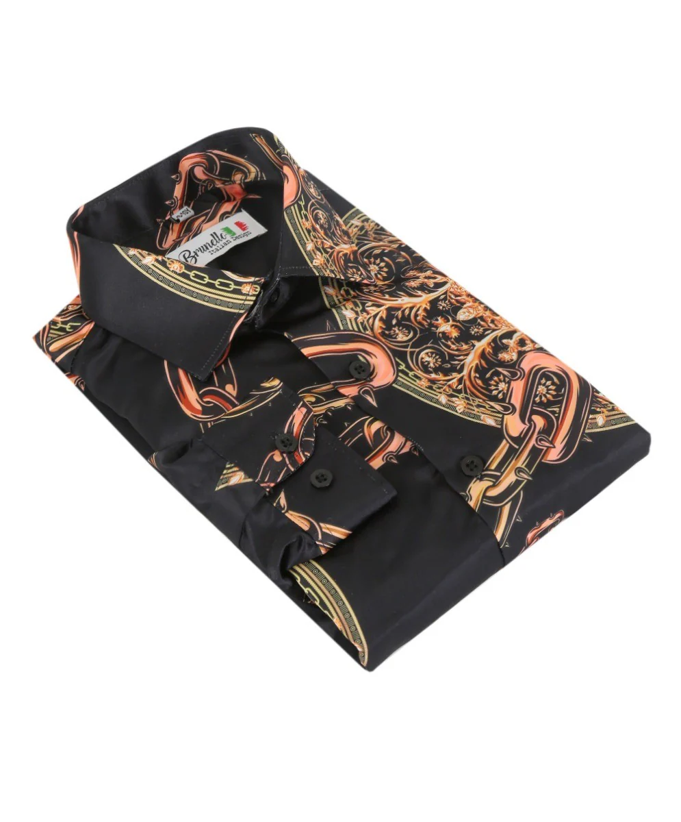 Boys Slim Fit Long Sleeve Printed Satin Shirt - Black and Orange - Image 3
