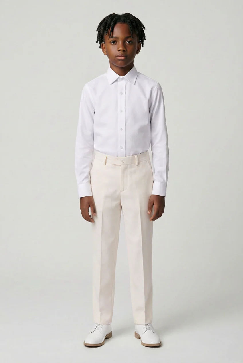 Boys Slim Fit Formal Trousers with Adjustable Waist - Ivory - Image 4
