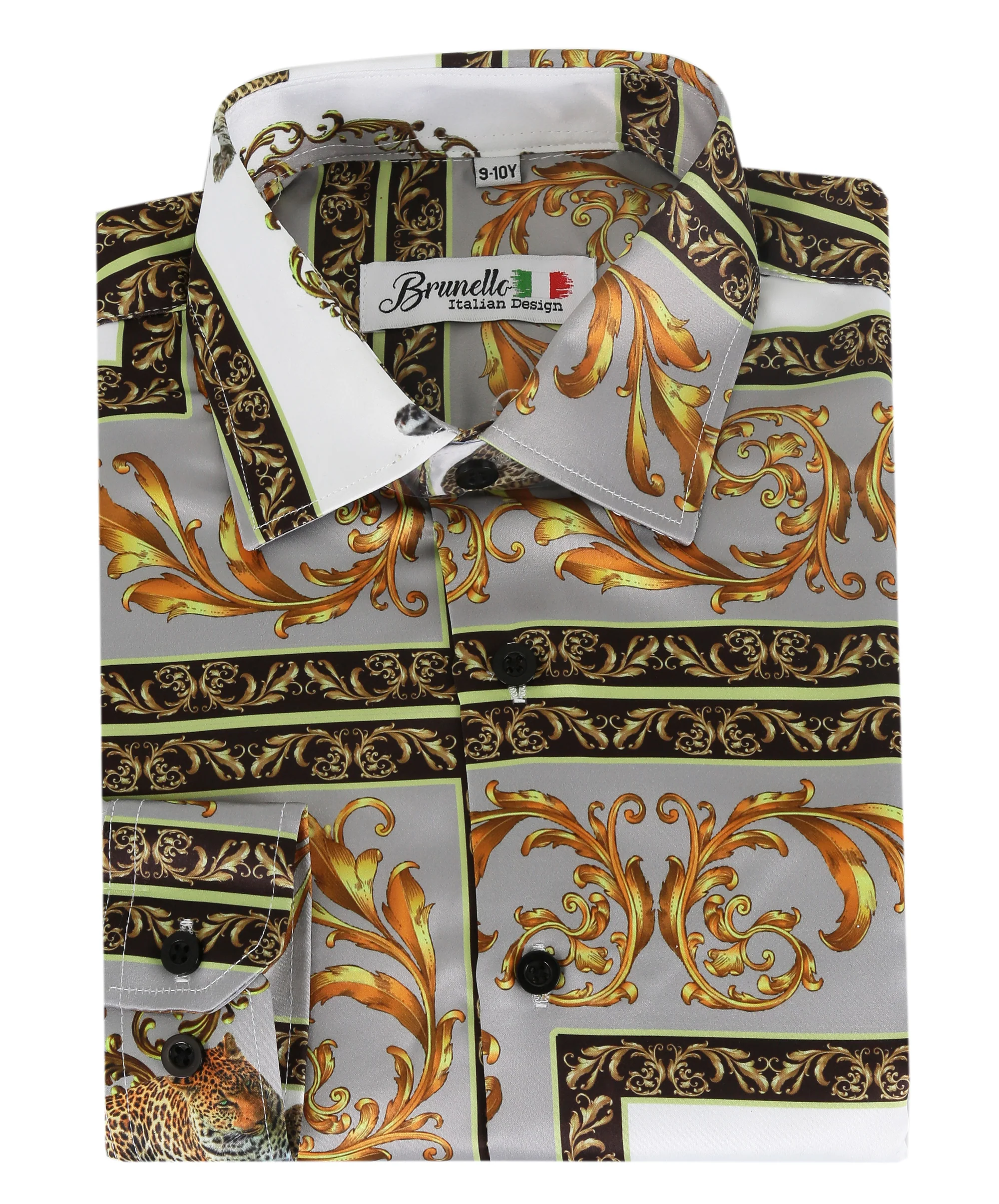 Boys Slim Fit Long Sleeve Printed Satin Shirt -Grey and Gold