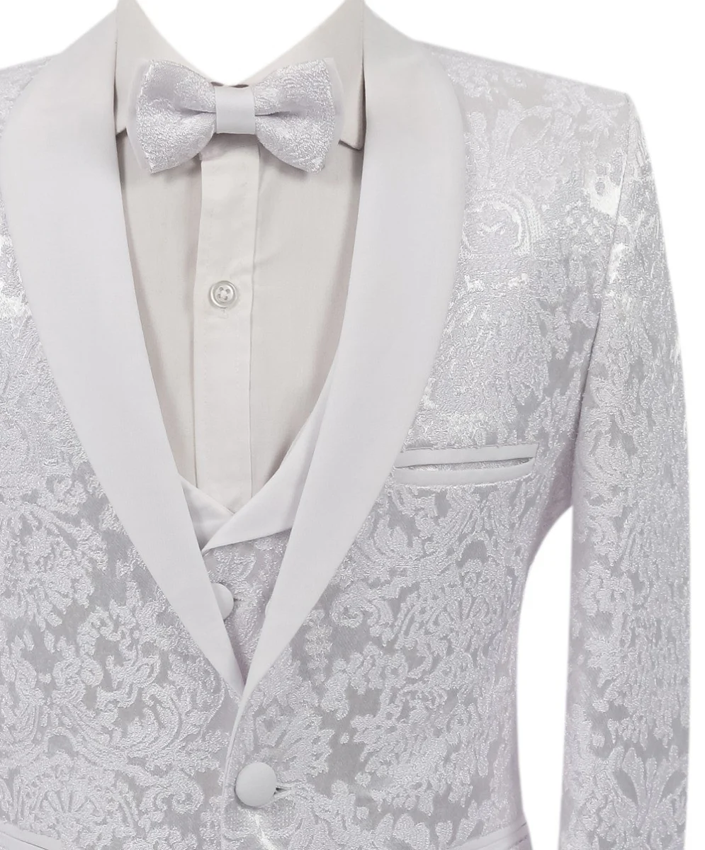 Boys Floral Patterned White Tuxedo Suit Set - RICHARD - White - Image 3