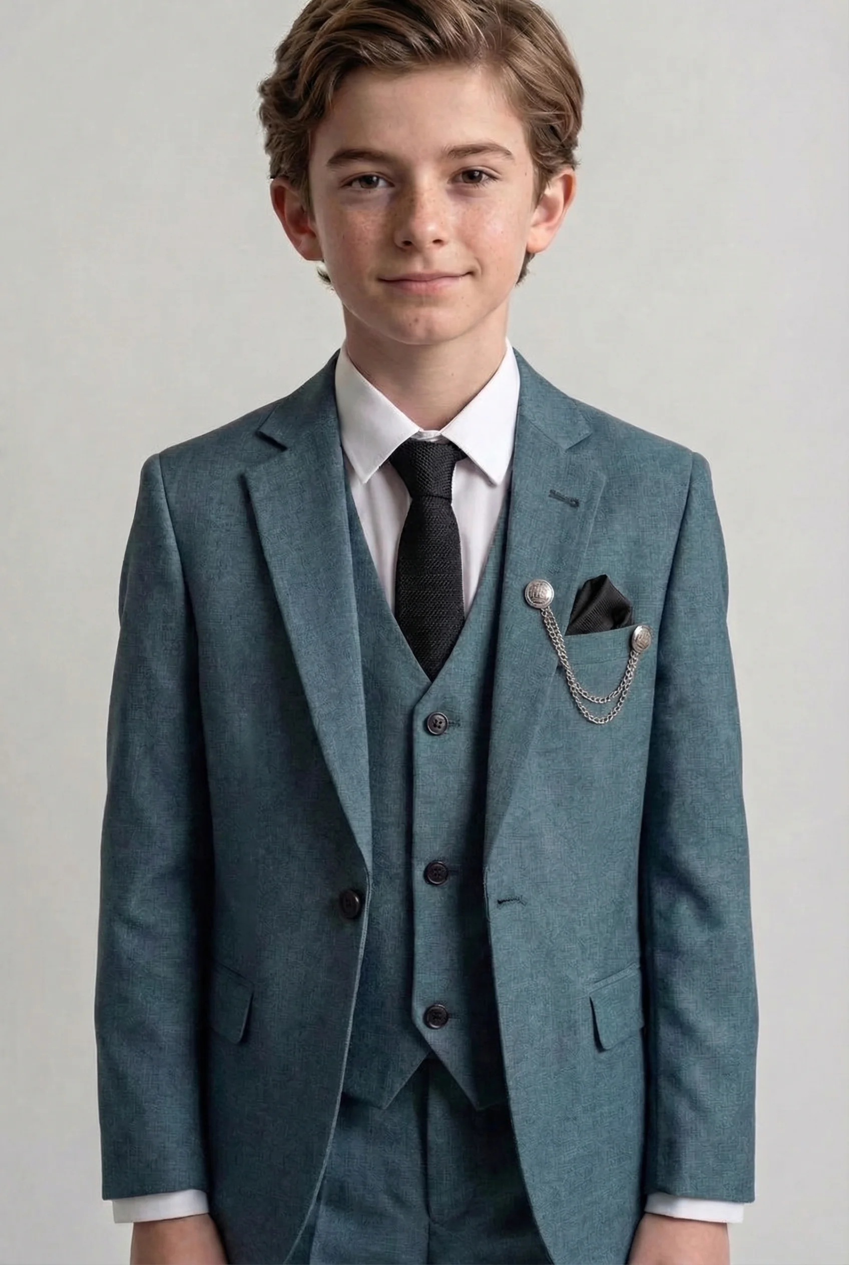 Boys Slim Fit Textured 8-Piece Formal Suit Set - Teal Green - Image 2