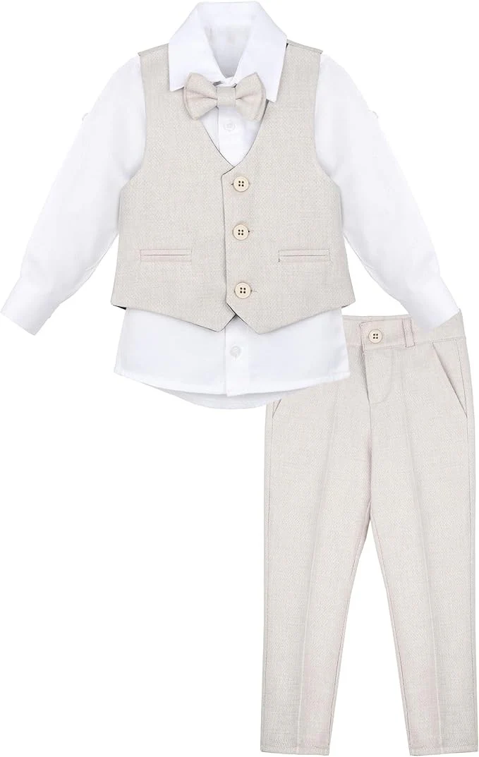 Boys' Slim Fit Textured Waistcoat Suit Set, Formal Outfit - Beige - Image 3