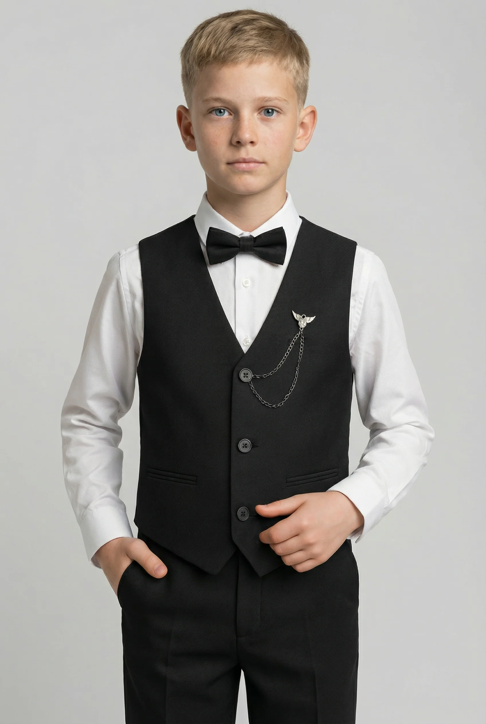 Boys' Slim Fit Textured Waistcoat Suit Set, Formal Outfit - Black