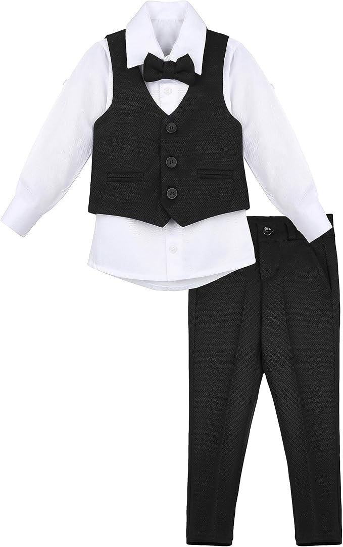 Boys' Slim Fit Textured Waistcoat Suit Set, Formal Outfit - Black - Image 3