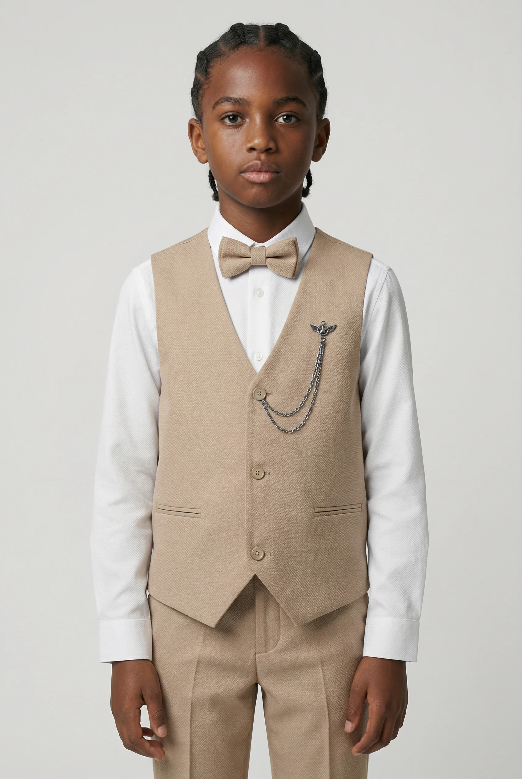 Boys' Slim Fit Textured Waistcoat Suit Set, Formal Outfit - Tan Brown