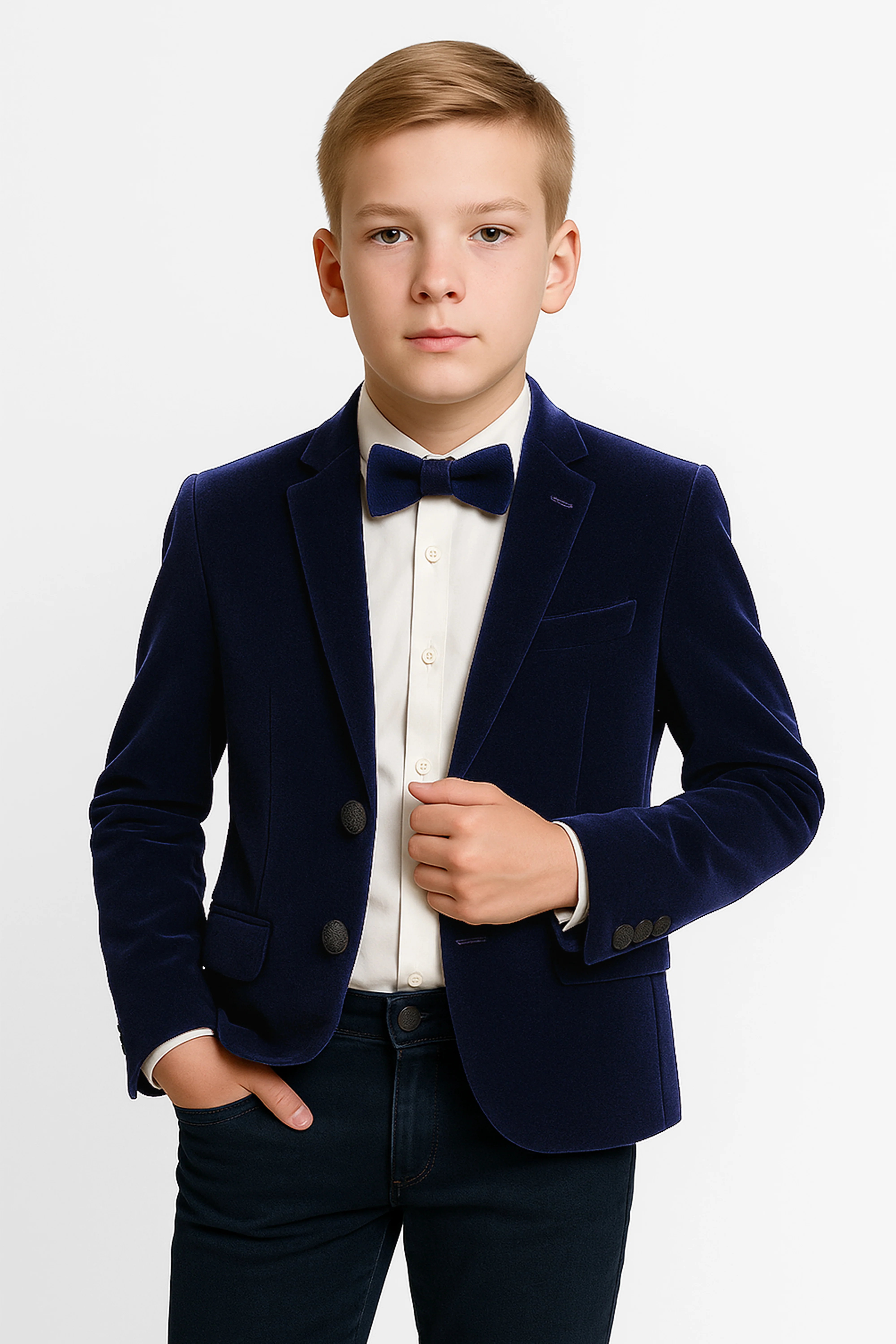 Boys Slim Fit Velvet Blazer - SAVOY - Navy Blue