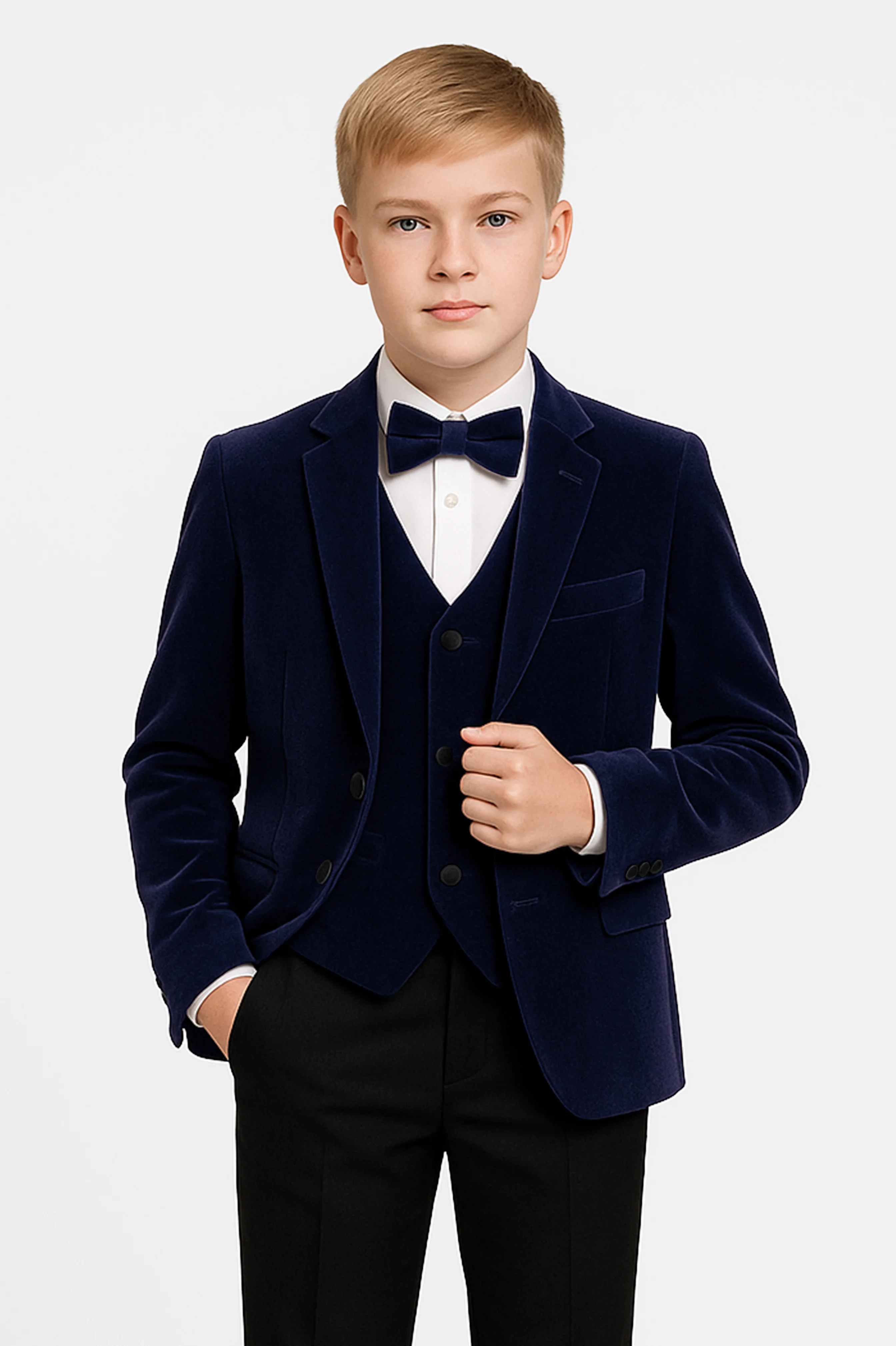 Boys Slim Fit Velvet Dinner Suit - 3-Piece & 5-Piece - SAVOY  - Navy Blue