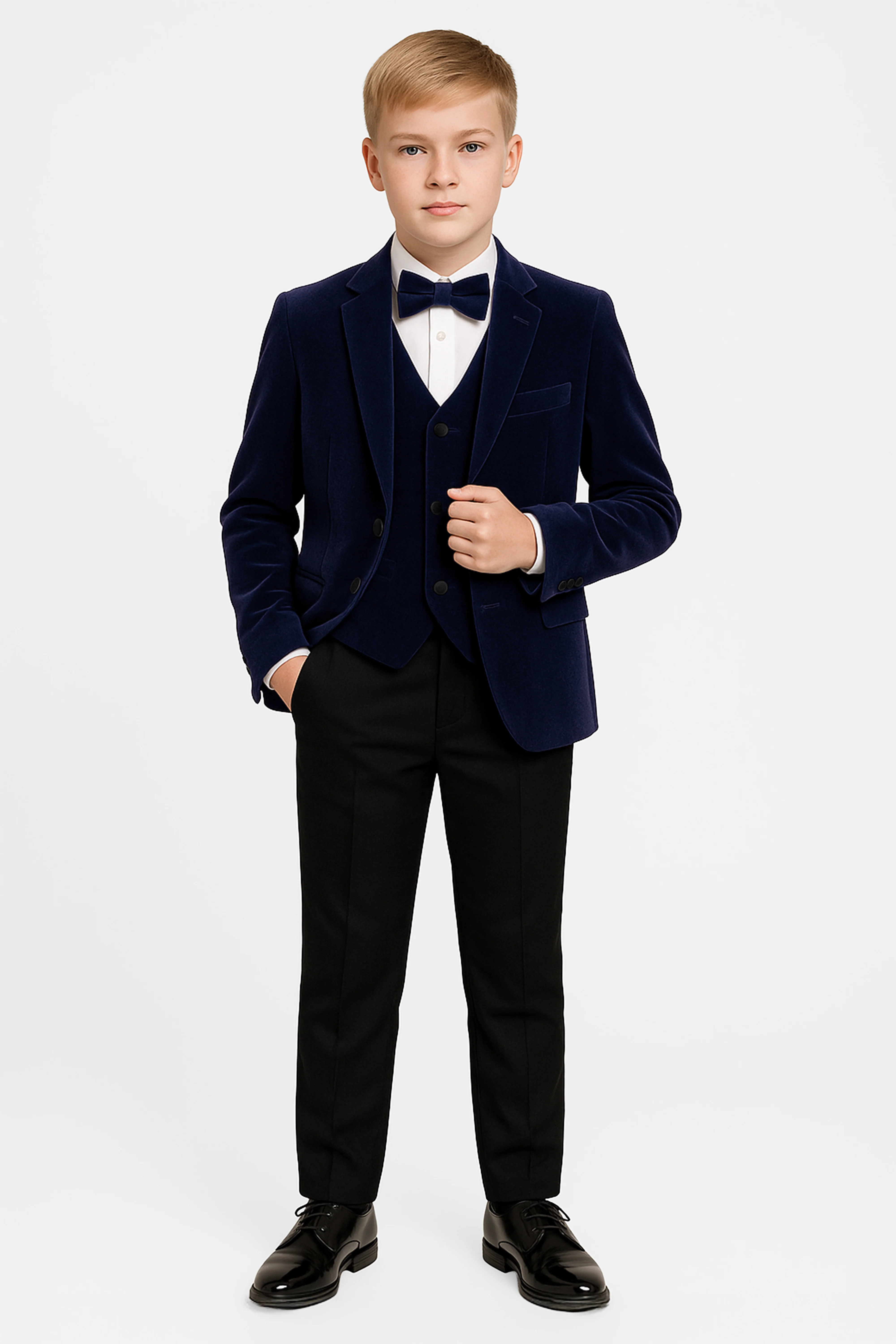Boys Slim Fit Velvet Dinner Suit - 3-Piece & 5-Piece - SAVOY  - Navy Blue - Image 2