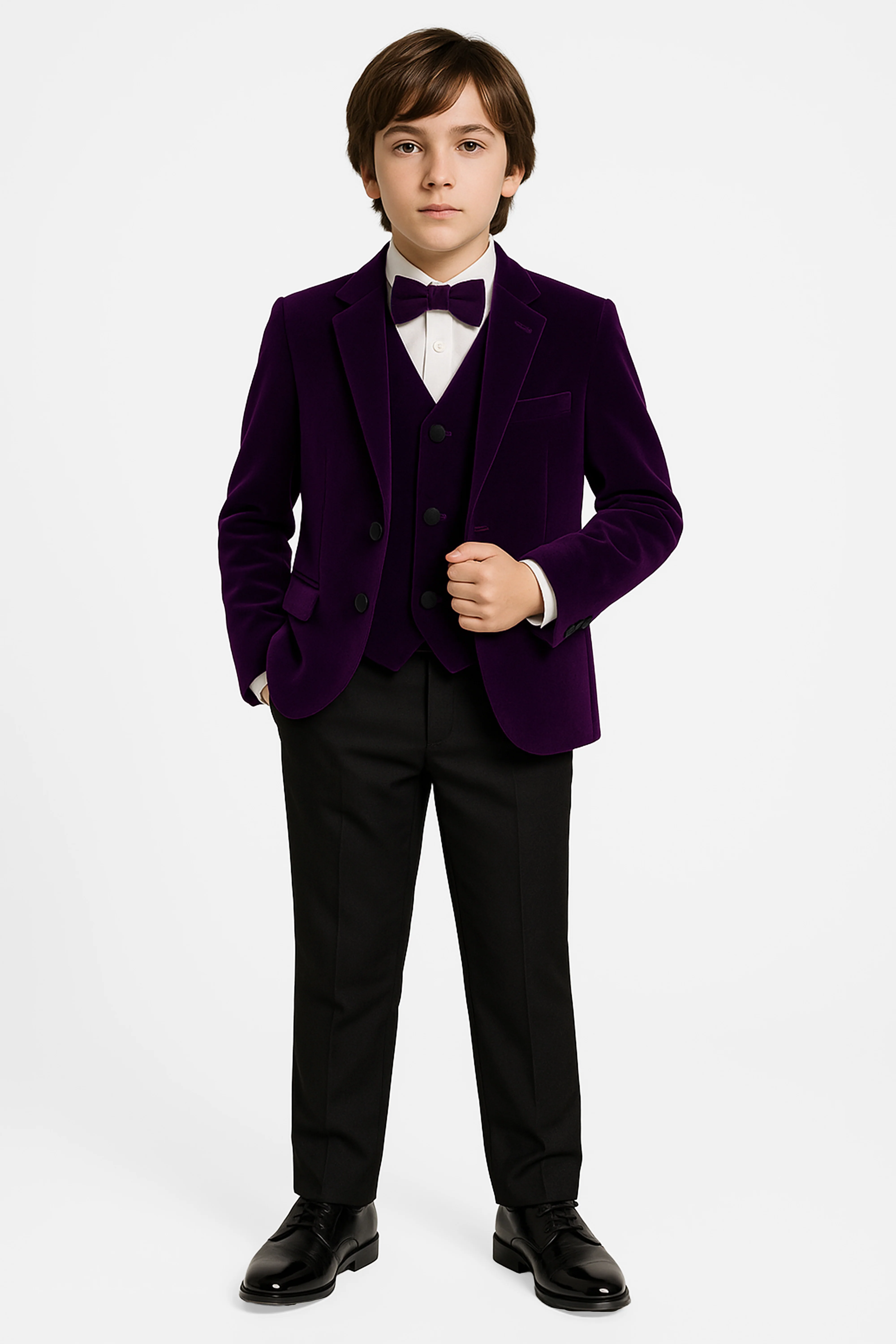 Boys Slim Fit Velvet Dinner Suit - 3-Piece & 5-Piece - SAVOY - Purple - Image 2