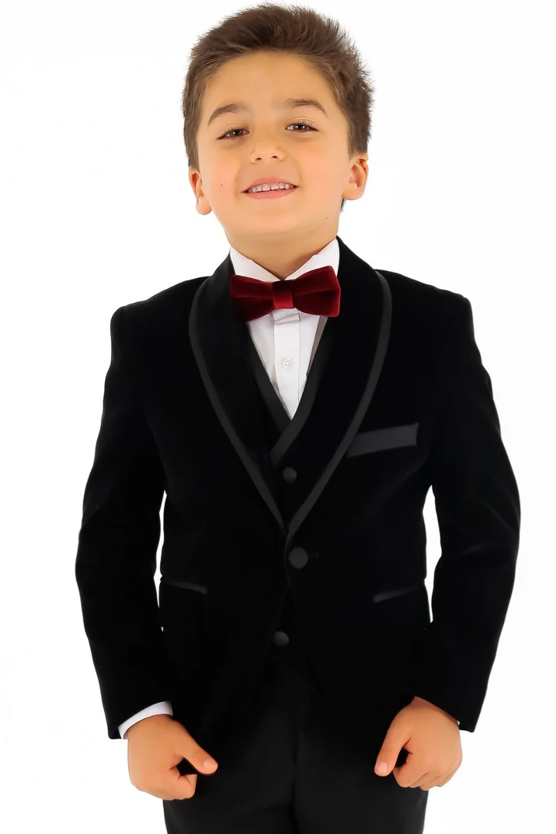 Boys Slim Fit Piping Velvet Tuxedo Suit - LONDON - Black - Image 3