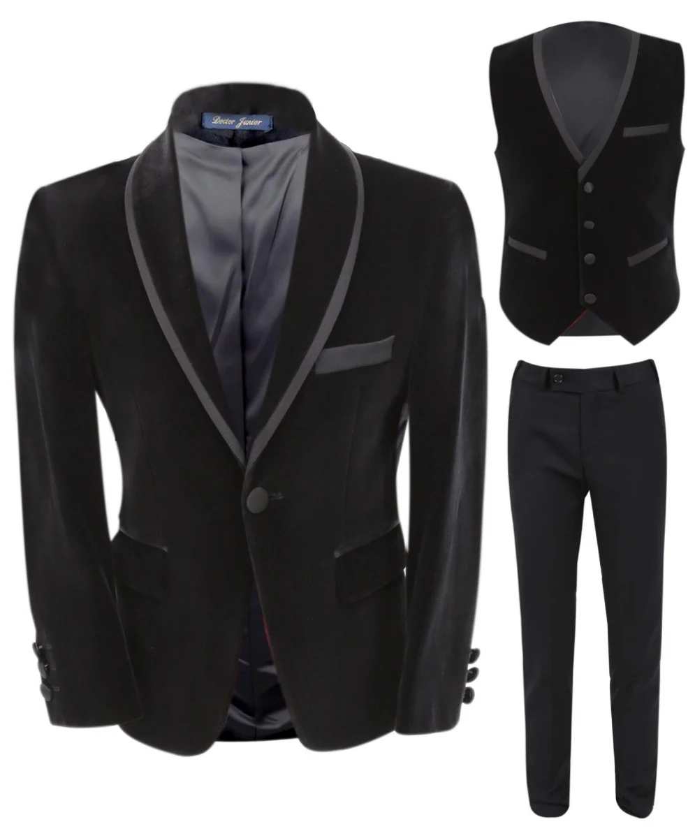 Boys Slim Fit Piping Velvet Tuxedo Suit - LONDON - Black - Image 8