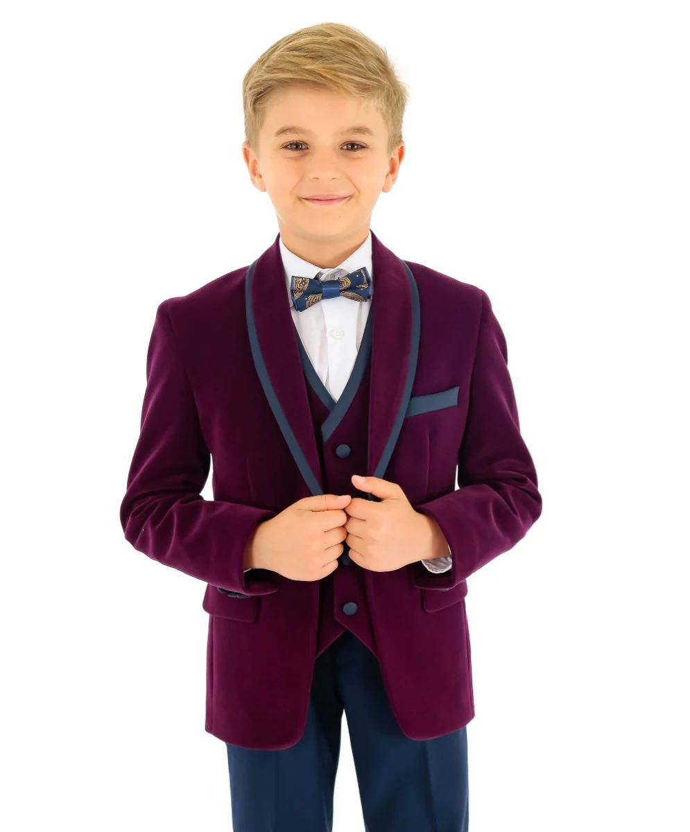 Boys Slim Fit Piping Velvet Tuxedo Suit - LONDON - Purple - Image 3