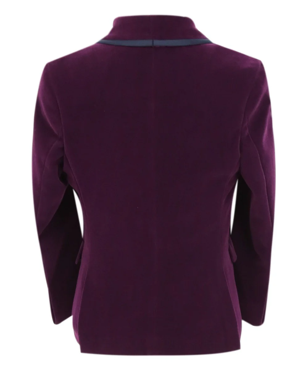 Boys Slim Fit Piping Velvet Tuxedo Suit - LONDON - Purple - Image 4