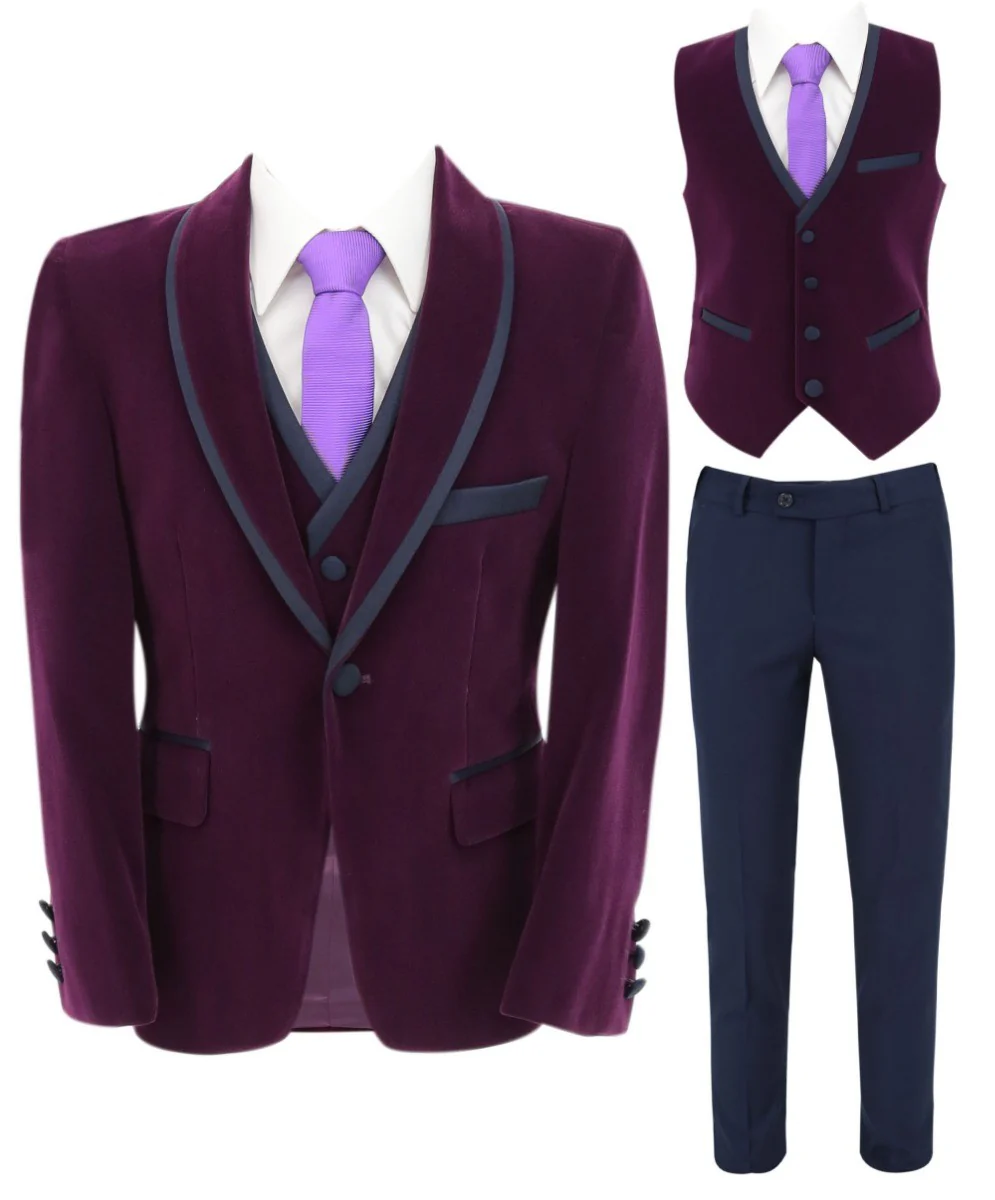 Boys Slim Fit Piping Velvet Tuxedo Suit - LONDON - Purple - Image 5