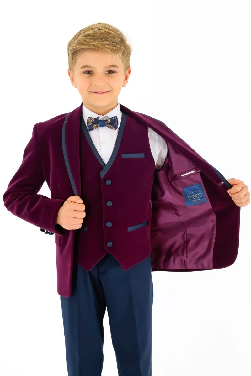 Boys Slim Fit Piping Velvet Tuxedo Suit - LONDON - Purple - Image 6